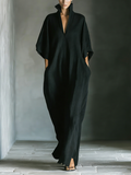 Women's Black Oversized Kimono-Sleeve Maxi Dress With Pockets