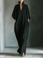 Women's Black Oversized Kimono-Sleeve Maxi Dress With Pockets
