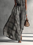 Women's Plaid High Collar Sleeveless Belted Maxi Dress