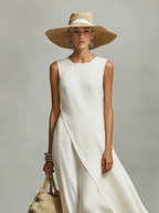 Women's Ivory Breathable Dress With Sleeveless Detail & Asymmetric Hem, Contemporary Casual-Feminine Style Dress