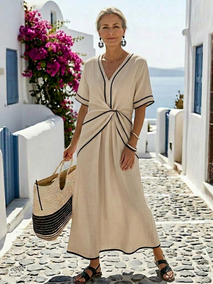 Linnea | Elegant Gathered Waist Midi Dress with Contrast Piping