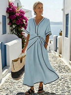 Linnea | Elegant Gathered Waist Midi Dress with Contrast Piping
