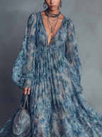 Women's Bohemian Style Blue Floral Print V-Neck Lantern Sleeve Chiffon Maxi Dress