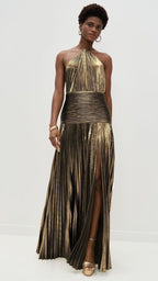 Trendy Metallic Plissé Halter Gown