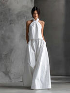 Women's Casual White Halter-neck Sleeveless Top And Skirt Set