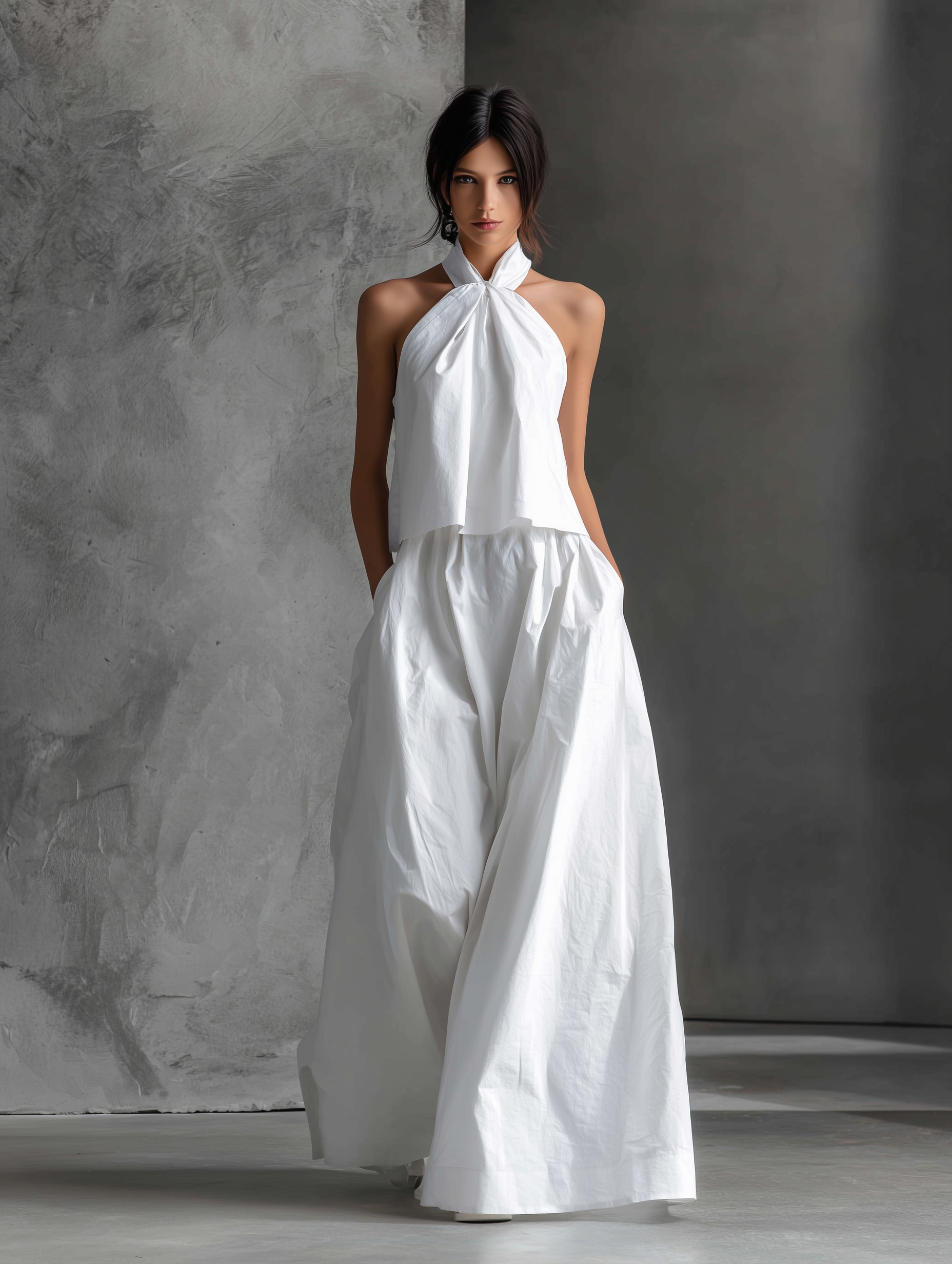 Women's Casual White Halter-neck Sleeveless Top And Skirt Set