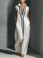 Women's White Sleeveless Maxi Dress With Black Contrast Trim