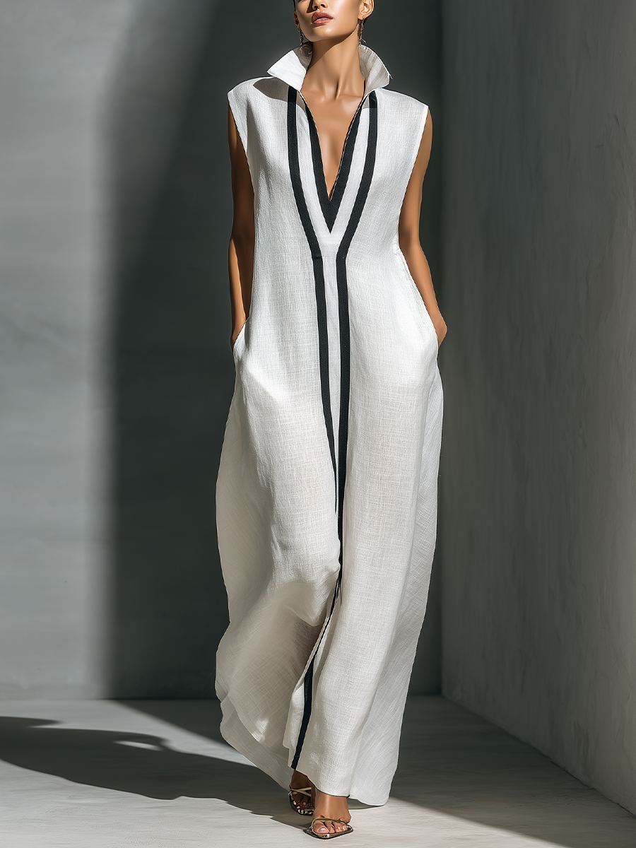 Women's White Sleeveless Maxi Dress With Black Contrast Trim