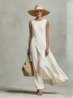 Women's Ivory Breathable Dress With Sleeveless Detail & Asymmetric Hem, Contemporary Casual-Feminine Style Dress
