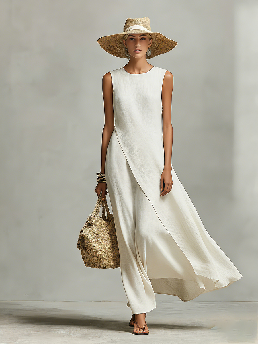 Women's Ivory Breathable Dress With Sleeveless Detail & Asymmetric Hem, Contemporary Casual-Feminine Style Dress