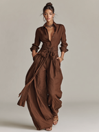Women's Elegant Brown Long-sleeved Shirt Collar Jumpsuit With Belt