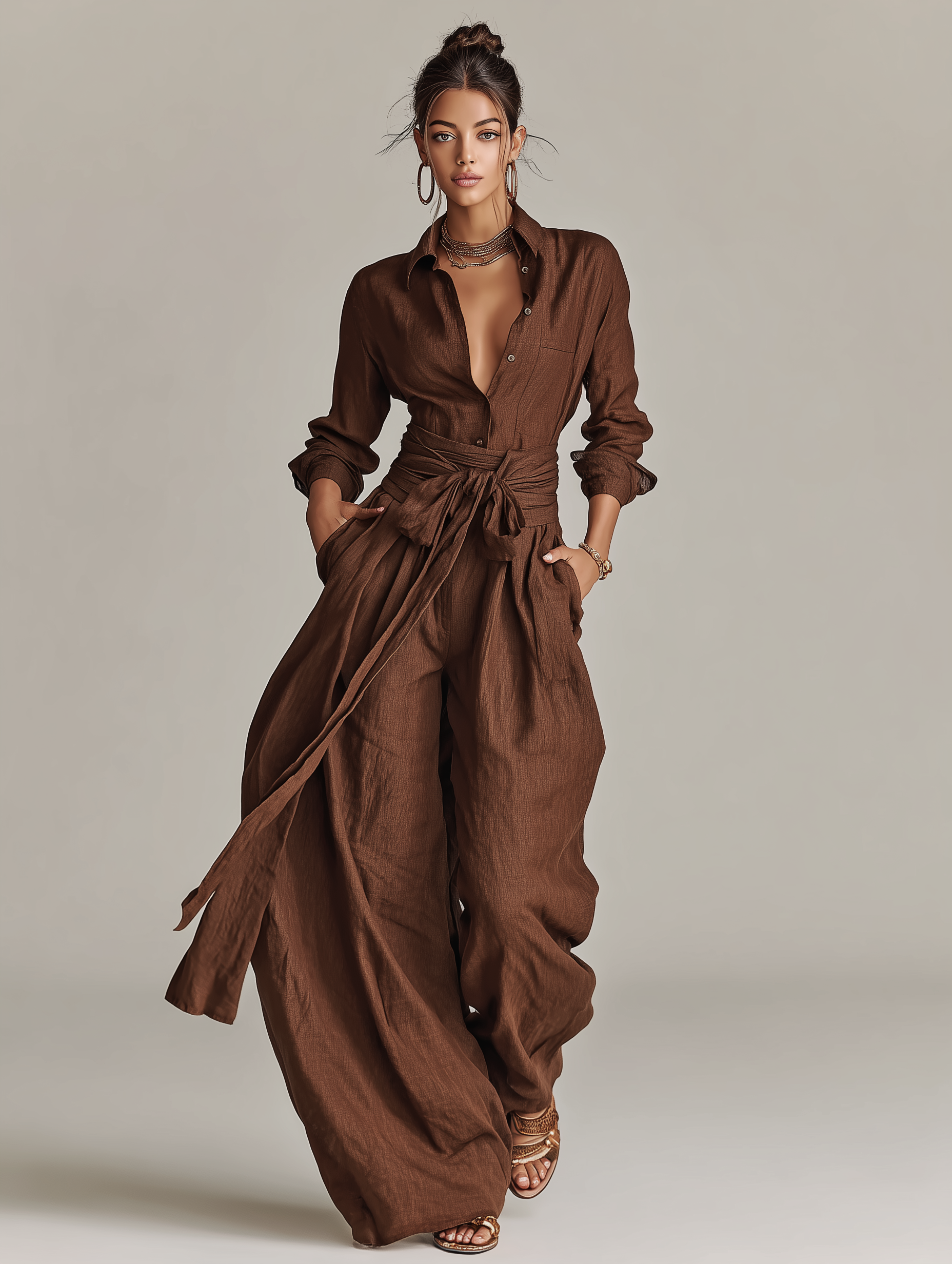 Women's Elegant Brown Long-sleeved Shirt Collar Jumpsuit With Belt