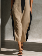 Women's Black And Beige Halter Neck Midi Dress With Keyhole Cutout & Color Block Design