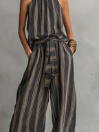Women's Elegant Striped Printed Woven Round Neck Sleeveless Top Paired With Trousers Set