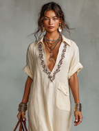 Women's Minimalist Embroidered Short-sleeved Shirt Maxi Dress