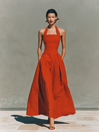 Women's Red Maxi Dress With Halter Neck & Pleated Skirt, Timeless Elegant-Resort Style Dress