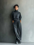 Women's Carbon Knit Set with a stand-up collar and wide-leg pants