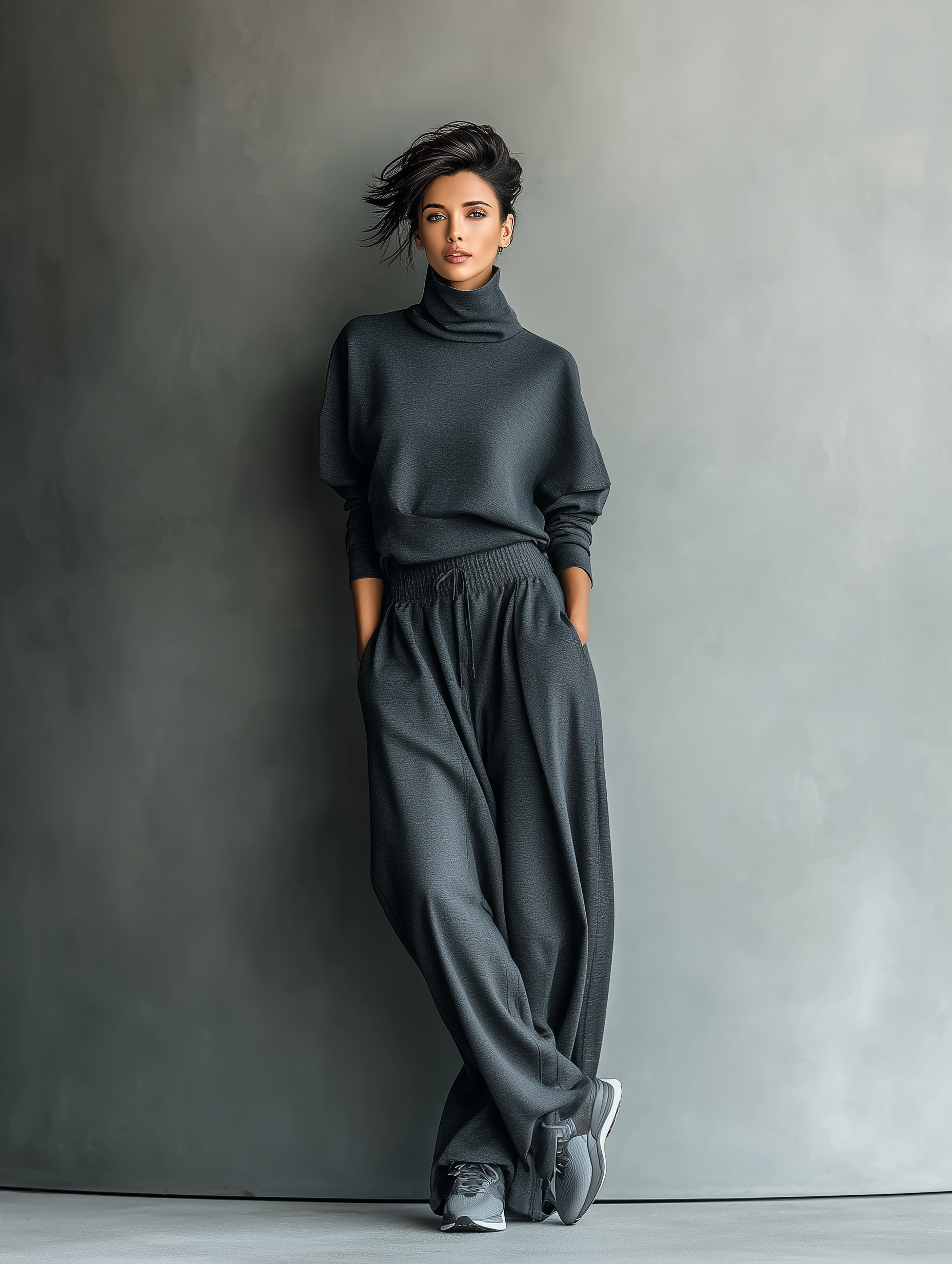 Women's Carbon Knit Set with a stand-up collar and wide-leg pants