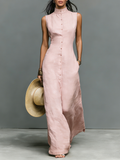 Women's Minimalist Stand-Collar Single-Breasted Sleeveless Maxi Dress
