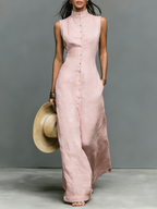 Women's Minimalist Stand-Collar Single-Breasted Sleeveless Maxi Dress