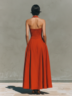 Women's Red Maxi Dress With Halter Neck & Pleated Skirt, Timeless Elegant-Resort Style Dress