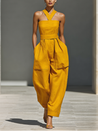 Women's Mustard Yellow Jumpsuit With Crisscross Neckline & Relaxed Trousers