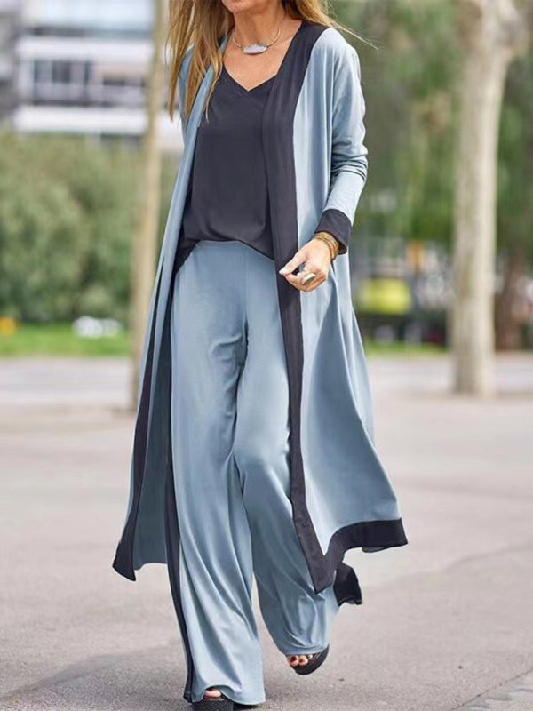 Contrast Color Sleeveless Cardigan Jacket and Pants Set