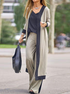 Contrast Color Sleeveless Cardigan Jacket and Pants Set