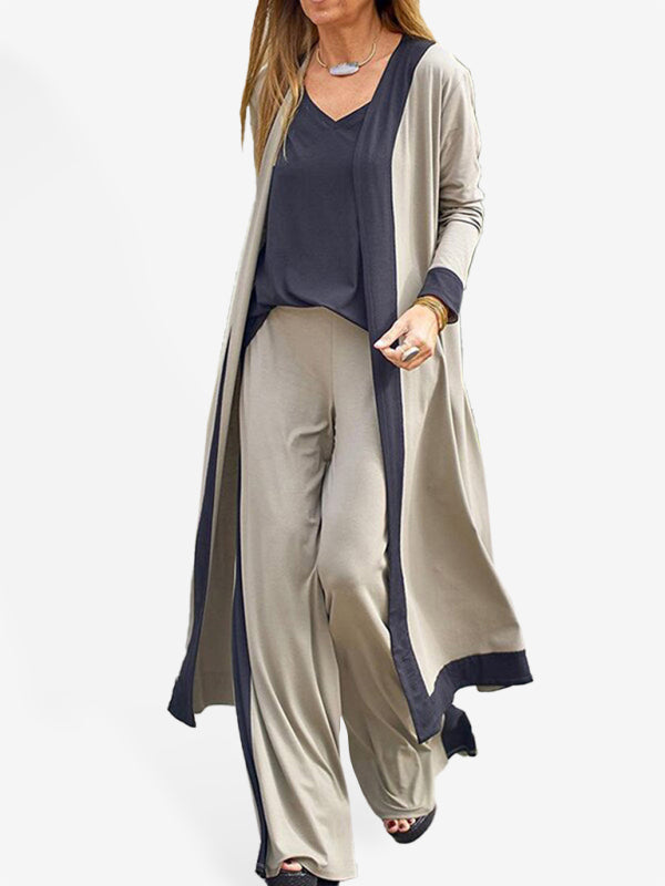 Contrast Color Sleeveless Cardigan Jacket and Pants Set