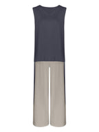 Contrast Color Sleeveless Cardigan Jacket and Pants Set