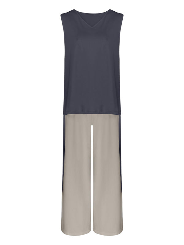 Contrast Color Sleeveless Cardigan Jacket and Pants Set