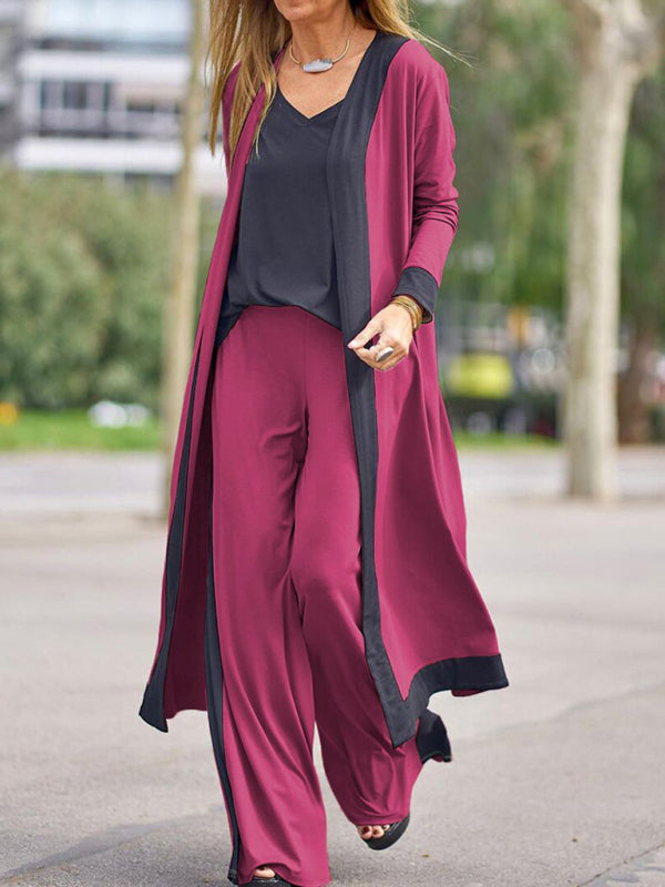 Contrast Color Sleeveless Cardigan Jacket and Pants Set