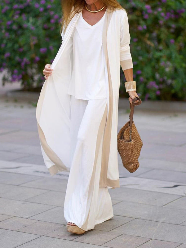 Contrast Color Sleeveless Cardigan Jacket and Pants Set