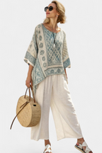 Quinley | Comfortable Printed Blouse and White Wide-Leg Pants