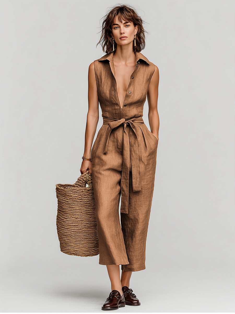 Women's Tobacco Brown Jumpsuit With Self-Tie Waist & Collared V-Neck, Timeless Resort-Casual Style Jumpsuit