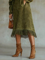 Suede Dress with Turtleneck and Fringes