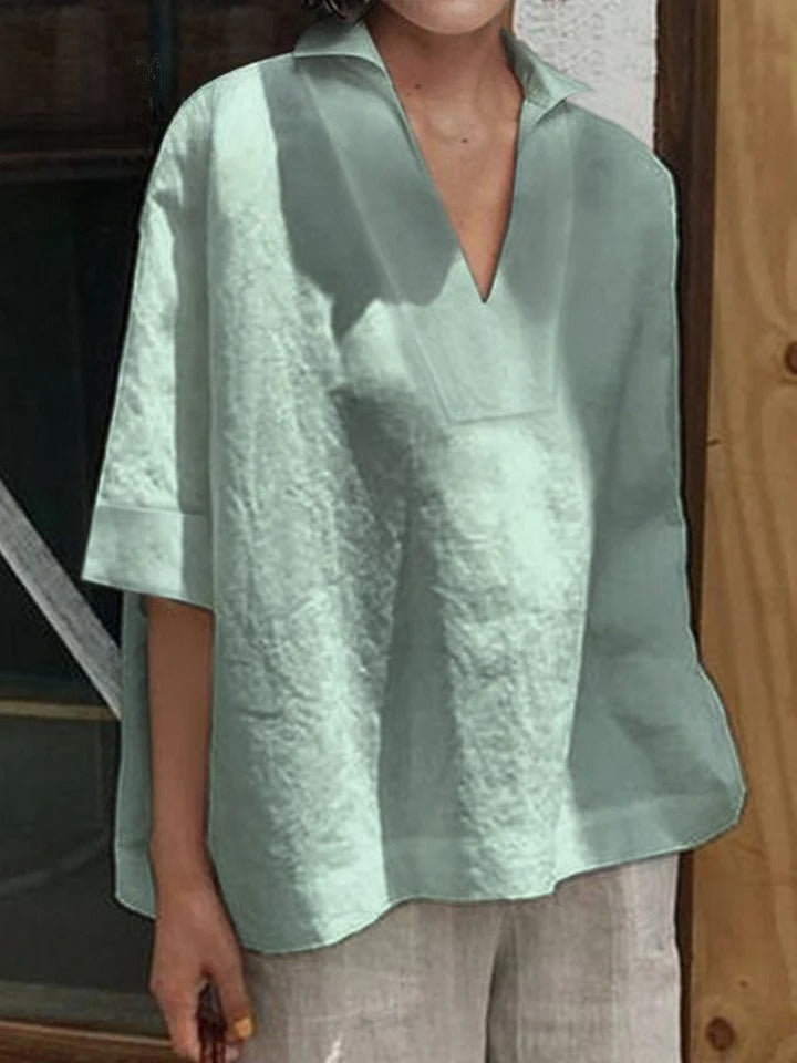 Verena - Solid V-neck Loose Mid-Sleeve Shirt