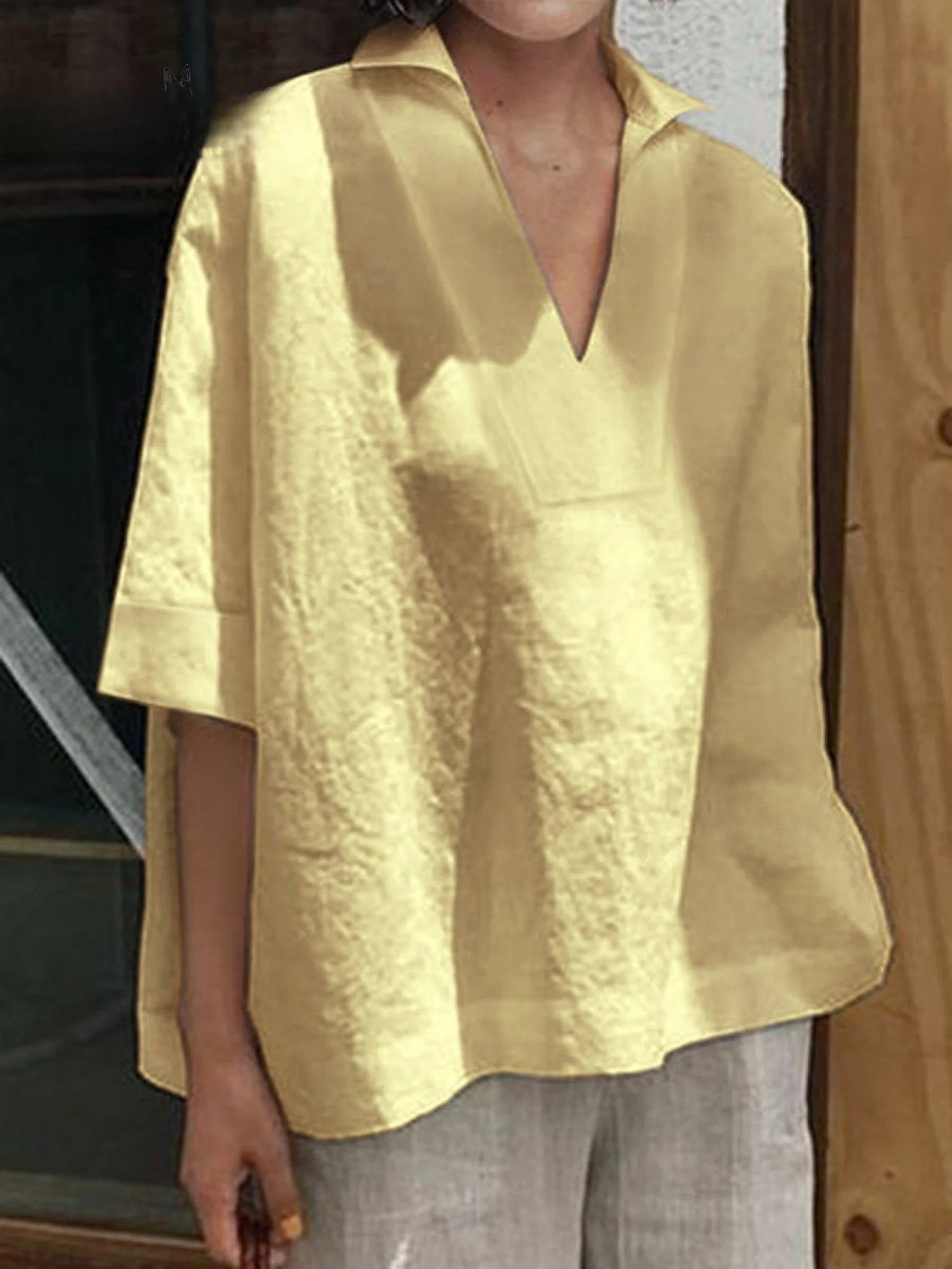 Verena - Solid V-neck Loose Mid-Sleeve Shirt
