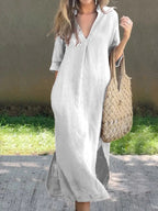 Ishael - Solid V-Neck Long Loose Fit Dress