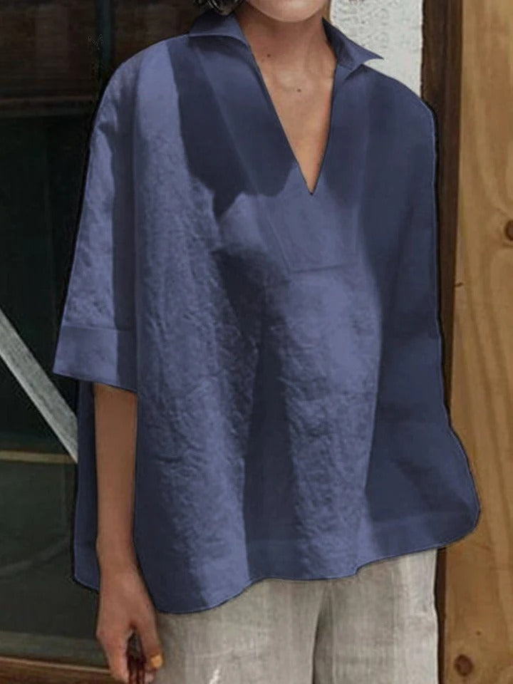 Verena - Solid V-neck Loose Mid-Sleeve Shirt