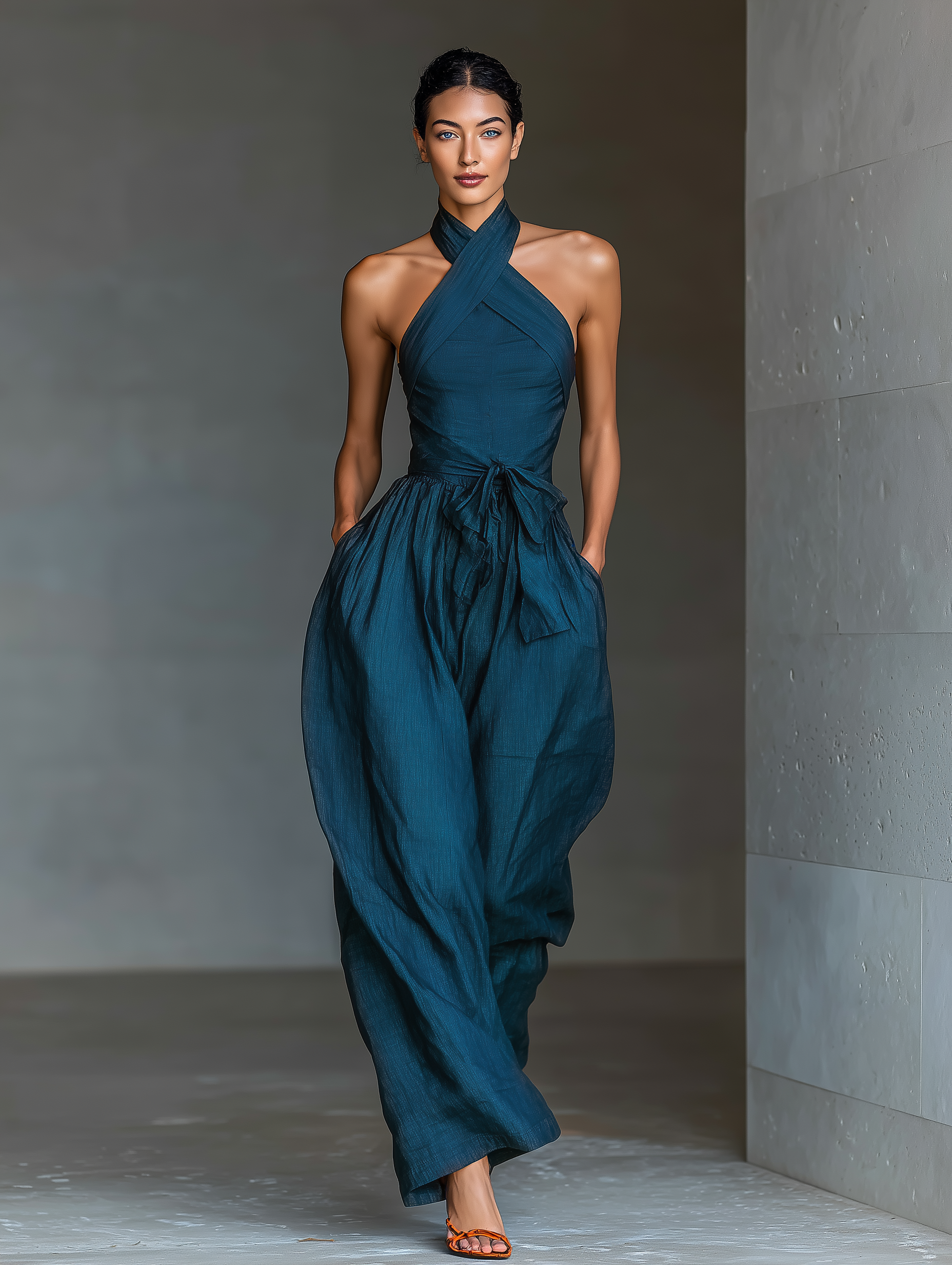 Women's Navy Blue Cross Halter Wide-Leg Jumpsuit With Tie Waist & Side Pockets