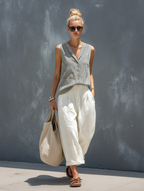 Women's Casual Striped Woven Sleeveless Vest Paired With White Trousers Set