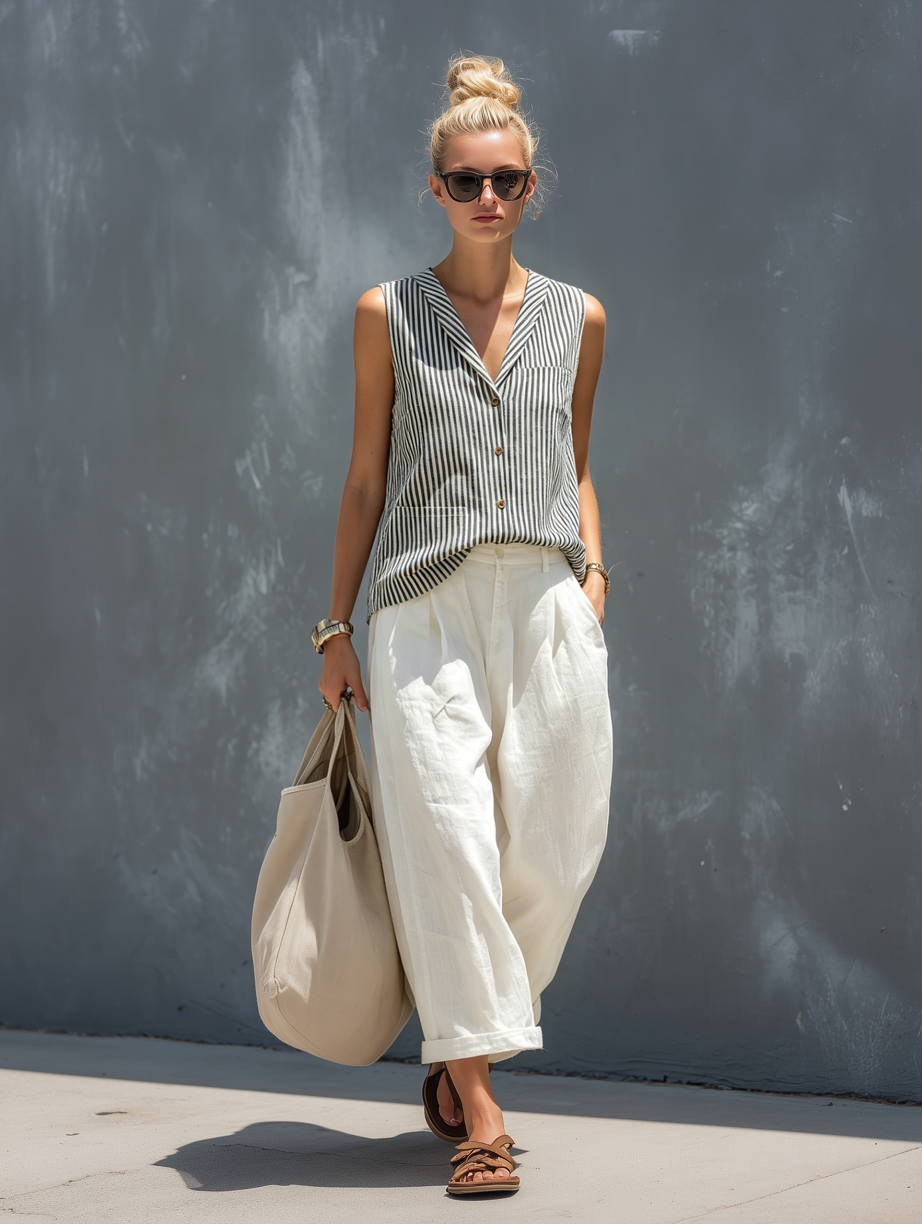 Women's Casual Striped Woven Sleeveless Vest Paired With White Trousers Set