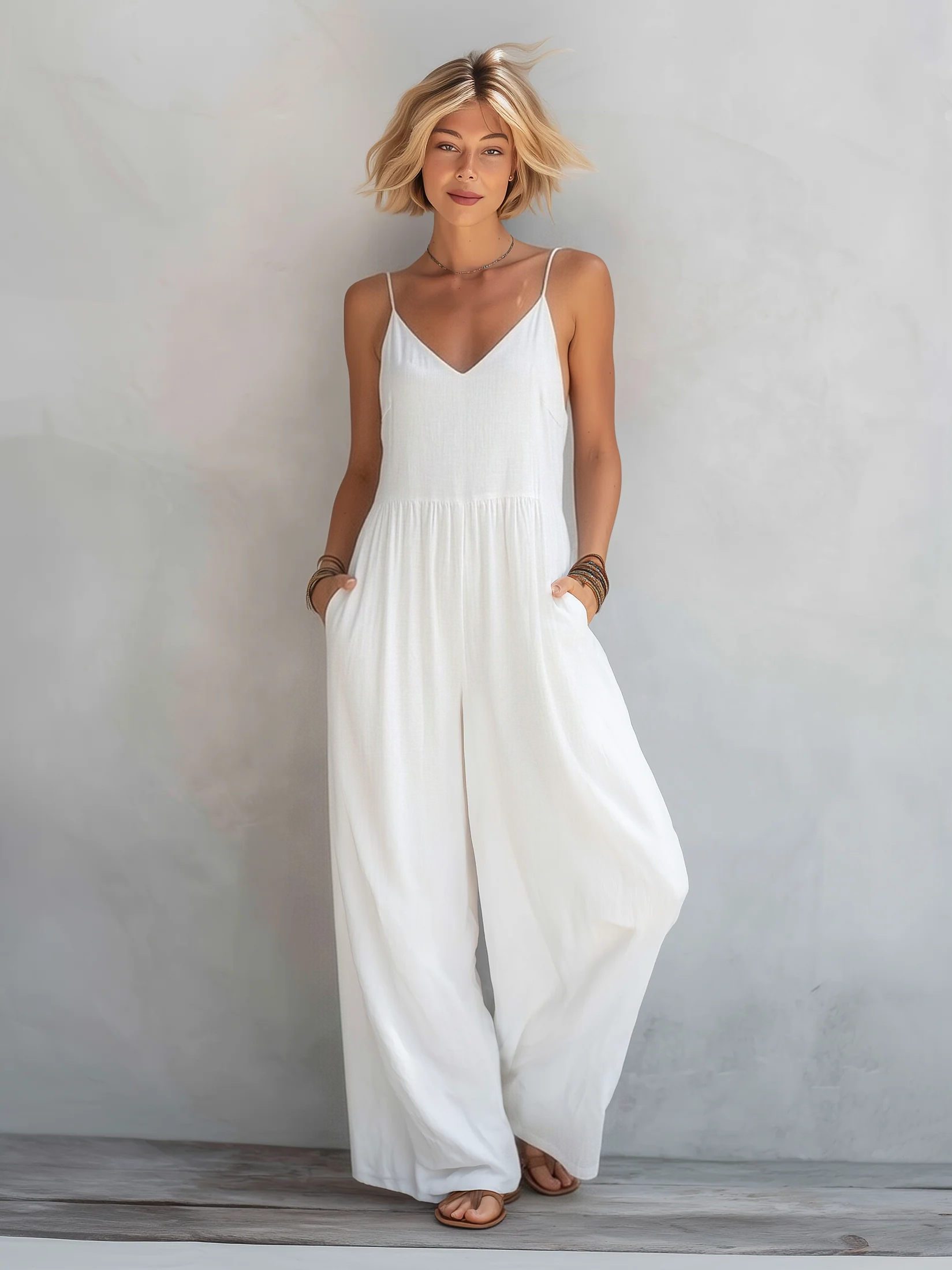 Women's Casual White Sleeveless Loose Jumpsuit