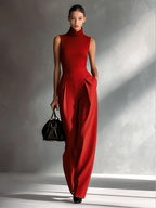 Women's Sleek Blend Burgundy Sleeveless Turtleneck Wide-Leg Jumpsuit