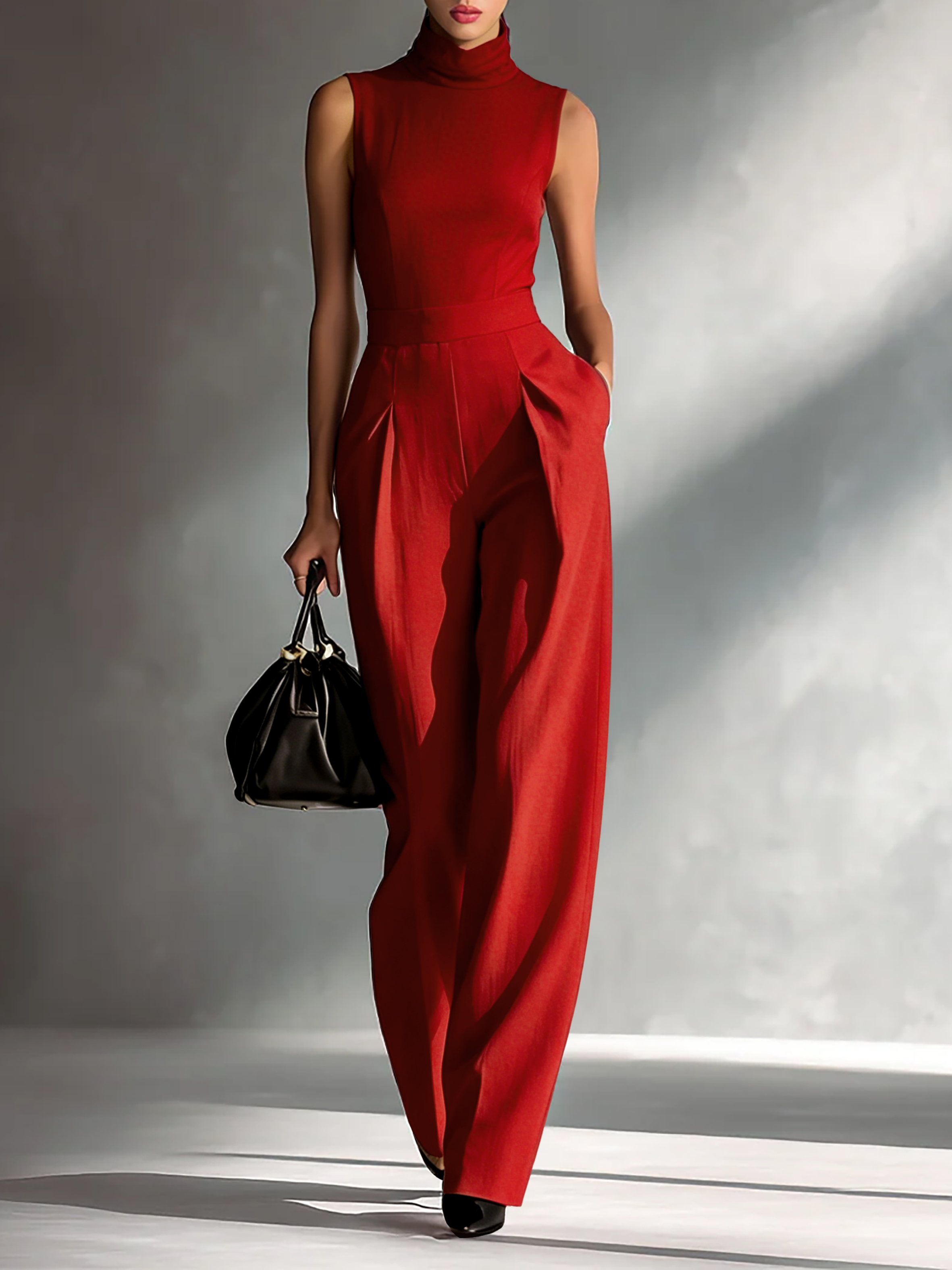 Women's Sleek Blend Burgundy Sleeveless Turtleneck Wide-Leg Jumpsuit