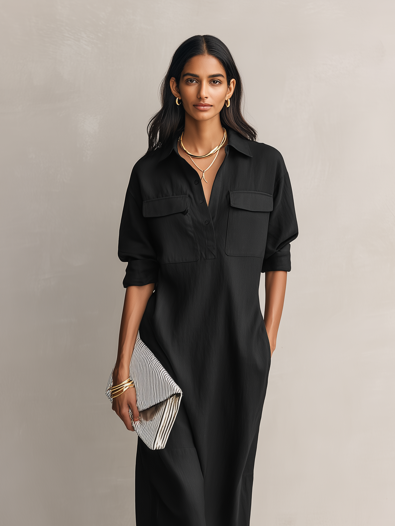 Women's Elegant Black Shirt Collar Short-sleeved Midi Dress