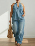 Ivy | Vintage Washed Soft Denim-Look Two-Piece Set