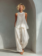 Women's Cream Two-Piece Set With Semi-sheer Chiffon Sleeveless Top & Drawstring Wide-Leg Trousers