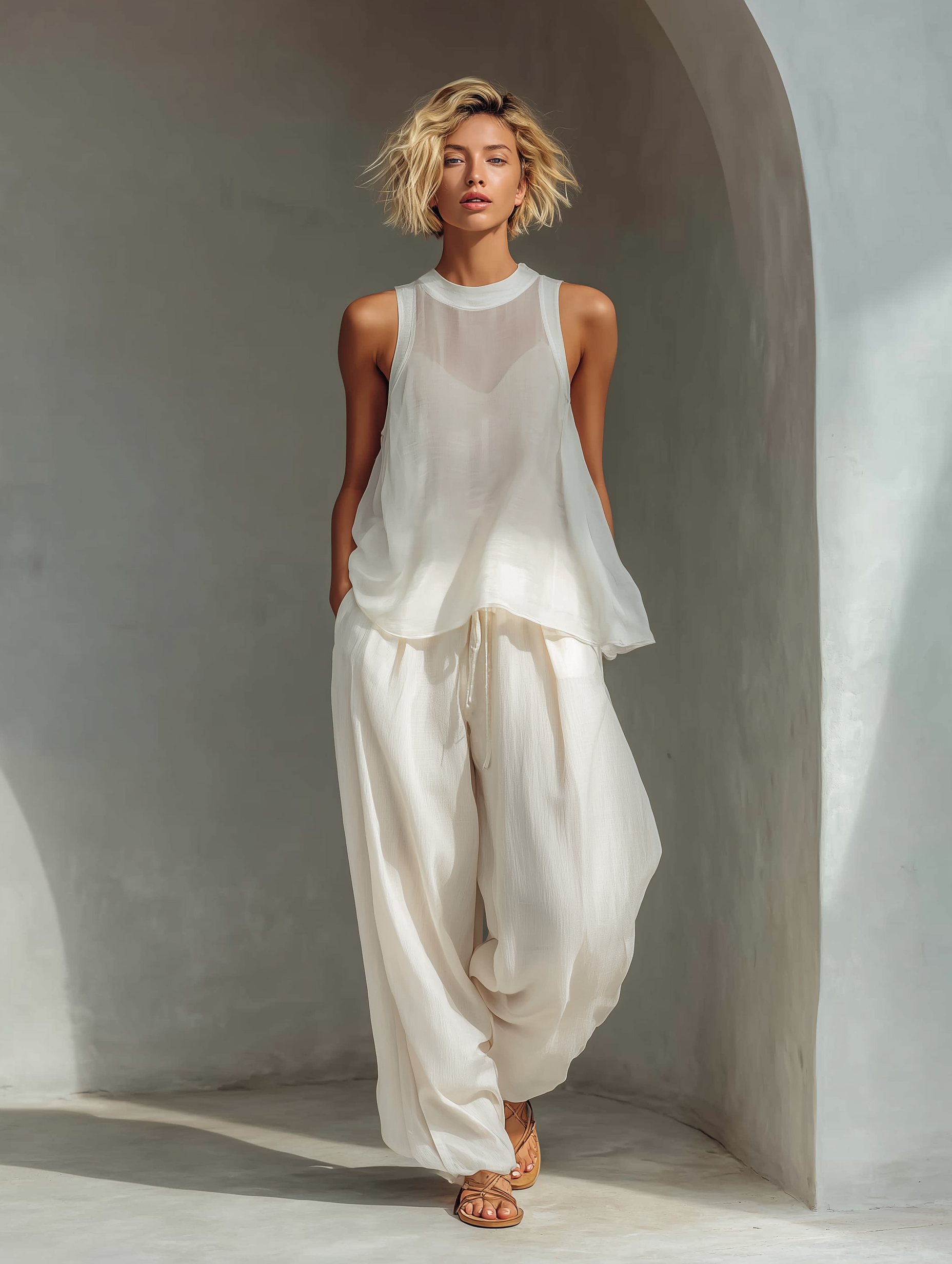 Women's Cream Two-Piece Set With Semi-sheer Chiffon Sleeveless Top & Drawstring Wide-Leg Trousers
